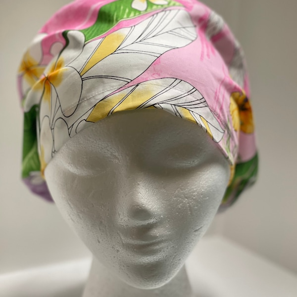 Pink Plumeria Hawaiian Print Adjustable Euro Nurses Scrub Cap