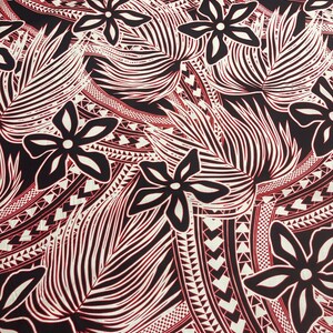 Hawaiian Print Tiare Palm leaf Tattoo Tribal in Red Black and White sold by the yard