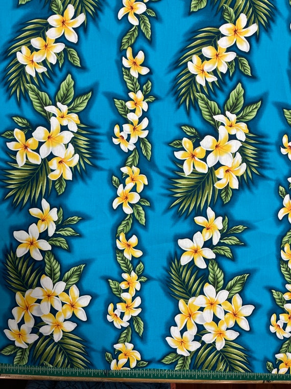 Japan 100% Cotton Turquoise With Yellow Plumeria and Palm Leaf