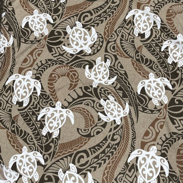 Brown Tan Dark Brown Tribal White Honu Hawaiian Print Fabric sold by the yard (yardage available)