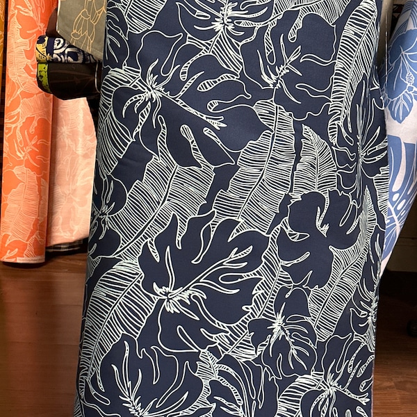 Hawaiian Print Foilage Monstera in light Blue on Navy Blue   Fabric by the yard