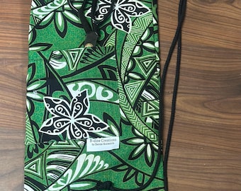 Black with Lime Green Dark Green Tribal White Tiare Pau Skirt Drawstring Bag with Pocket 9”x 29”