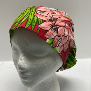 Red Floral with Kalo leaf Hawaiian Print Adjustable Euro Nurses Scrub Cap