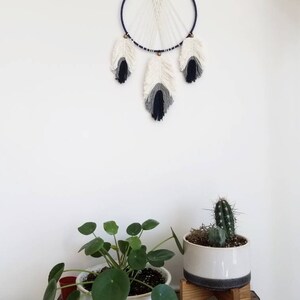 May include: A white wall with a macrame dream catcher with three blue and white feathers hanging from it.  Below the dream catcher are two potted plants, one with a cactus and the other with a leafy plant.