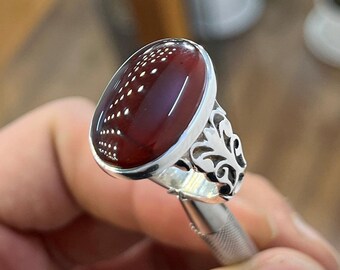Anello grande in agata corniola, splendido anello inciso, anello artigianale in argento sterling 925 di alta qualità.