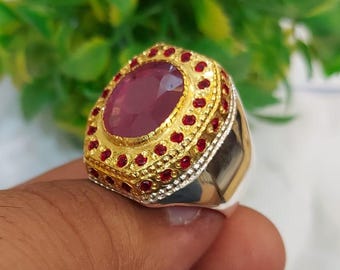Anillo de piedra rubí de Afganistán de 4 ct - Anillo de color dorado para hombre - Anillo hecho a mano - Anillo de diseño único