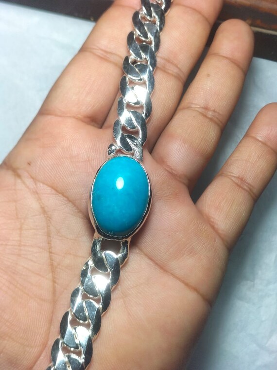 Natural Turquoise Bracelet Heavy Chain in Curb Style Chain 925