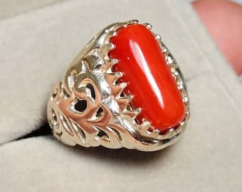 Coral Rings Red Marjan Stone Ring Handmade Sterling Silver Men's Ring Religious Ring Heavy Sterling 925