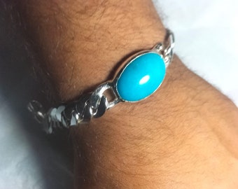Bracelet turquoise naturel chaîne lourde de style gourmette Bracelet à breloques en argent sterling 925 Bracelet Hussaini Feroza