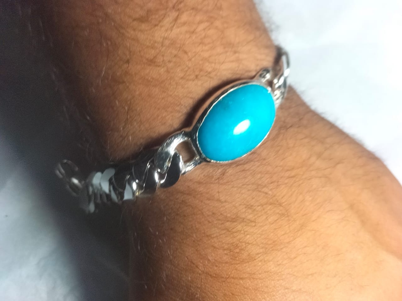 Natural Turquoise Bracelet Heavy Chain in Curb Style Chain 925
