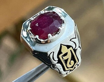 Anillo de rubí de Kabul, hallazgo poco común - Anillo grande de rubí afgano de 8,5 ct - Anillo chapado en oro de 14 k para hombre - Anillo hecho a mano