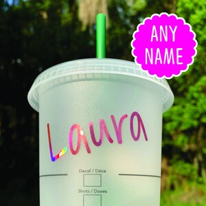K&ouml;nnte beinhalten: Ein mattierter, durchsichtiger, wiederverwendbarer Becher aus Plastik mit einem gr&uuml;nen Strohhalm. Der Becher hat einen Aufkleber mit dem Namen "Laura" in rosa Schrift. Der Becher hat einen Aufkleber mit dem Text "Decaf / D&eacute;ca" und "Shots / Doses" mit Kontrollk&auml;stchen. Der Becher hat einen Aufkleber mit dem Text "ANY NAME" in einem rosa Kreis. Der Becher hat einen Aufkleber mit dem Text "MANY COLORS & SIZES" in einem rosa Banner.