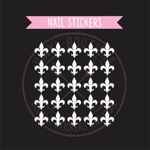May include: A collection of white fleur-de-lis nail stickers arranged on a dark background. The words "NAIL STICKERS" are displayed on a pink banner above the design. The image has a vintage aesthetic.