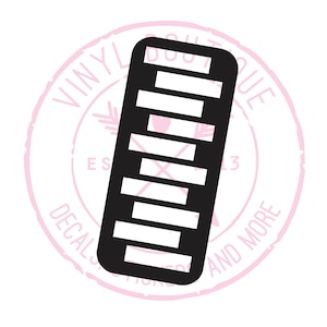 May include: Black and white silhouette of a keyboard with the text "Vinyl Boutique Decals Stickers and More" in a pink circle around it.