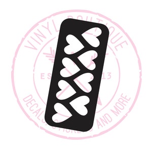 May include: Black stencil with a design of seven hearts arranged in a vertical row. The stencil is for crafting and decorating.