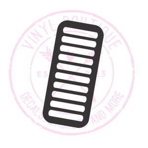 May include: A black, rectangular comb-shaped object with evenly spaced horizontal slots. The object is set against a white background, with a pink circular stamp that reads "Vinyl Boutique Decals, Stickers, and More" around the edge.