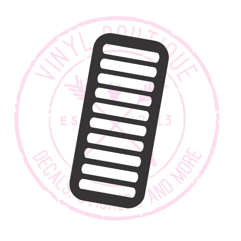 May include: A black, rectangular comb-shaped object with evenly spaced horizontal slots. The object is set against a white background, with a pink circular stamp that reads "Vinyl Boutique Decals, Stickers, and More" around the edge.