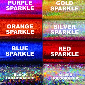 K&ouml;nnte beinhalten: Nahaufnahme von acht Rollen holografischem Vinyl in verschiedenen Farben und Ausf&uuml;hrungen. Die Farben umfassen Lila, Gold, Orange, Silber, Blau, Rot, Schwarz und Silber. Die Ausf&uuml;hrungen umfassen Glitzer und Holographie.