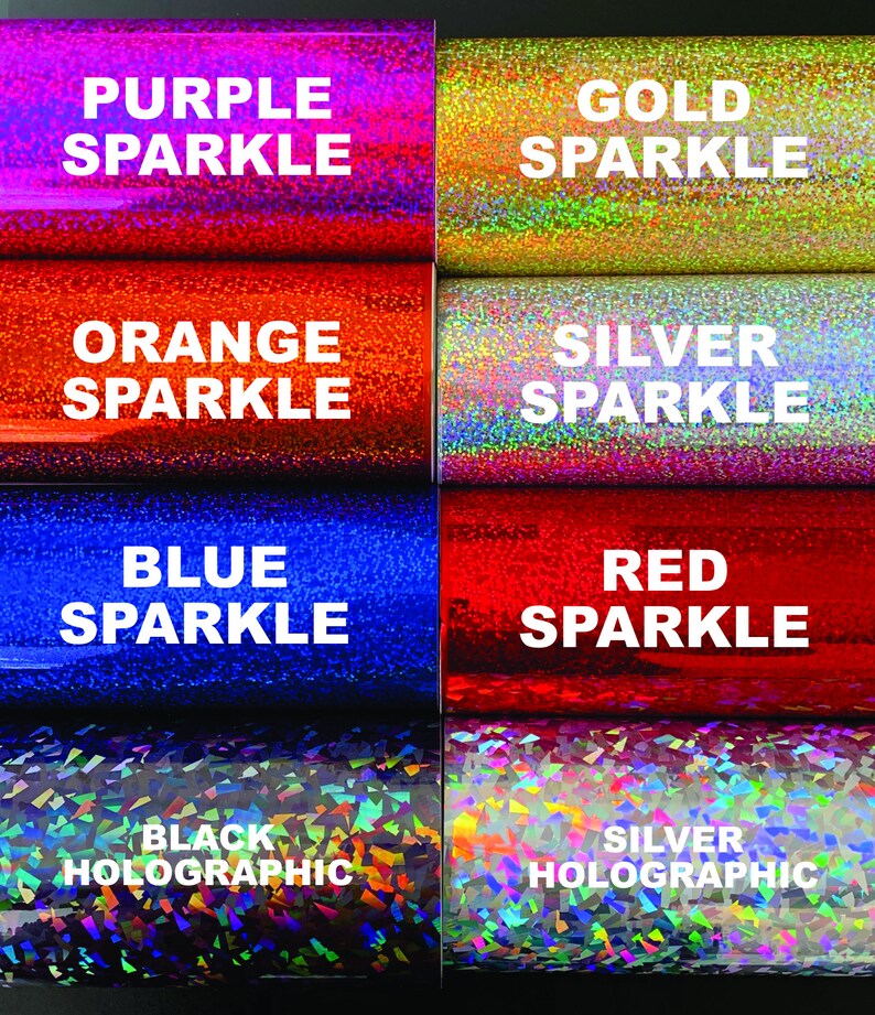 K&ouml;nnte beinhalten: Nahaufnahme von acht Rollen holografischem Vinyl in verschiedenen Farben und Ausf&uuml;hrungen. Die Farben umfassen Lila, Gold, Orange, Silber, Blau, Rot, Schwarz und Silber. Die Ausf&uuml;hrungen umfassen Glitzer und Holographie.