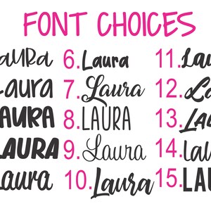 K&ouml;nnte beinhalten: Ein Diagramm mit 15 verschiedenen Schriftarten f&uuml;r den Namen "Laura". Die Schriftarten reichen von einfach bis kunstvoll.