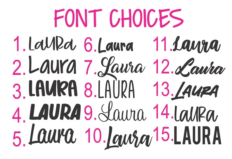 K&ouml;nnte beinhalten: Ein Diagramm mit 15 verschiedenen Schriftarten f&uuml;r den Namen "Laura". Die Schriftarten reichen von einfach bis kunstvoll.