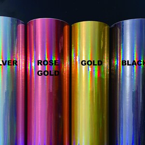 K&ouml;nnte beinhalten: Vier Rollen irisierendes Vinyl in Silber, Ros&eacute;gold, Gold und Schwarz.