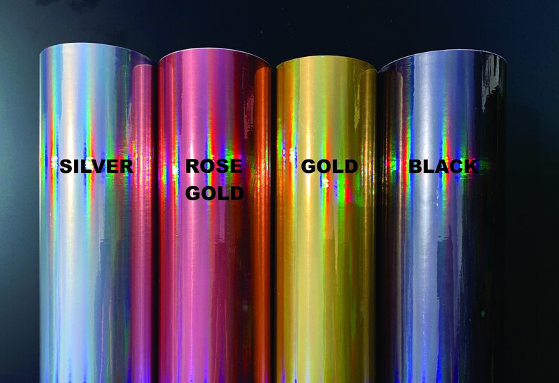 K&ouml;nnte beinhalten: Vier Rollen irisierendes Vinyl in Silber, Ros&eacute;gold, Gold und Schwarz.