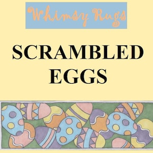 May include: A whimsical rug design featuring a colorful pattern of scrambled eggs. The rug is titled "Scrambled Eggs" and is made by Whimsy Rugs.