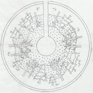 May include: A black and white line drawing of a circular design with a central hole. The design features a ring of stylized trees with branches and leaves, set against a background of small dots.