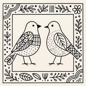 May include: Black and white illustration of two birds facing each other, set within a decorative border. The birds have detailed wing patterns and are surrounded by floral and leaf motifs. The artwork is a simple, yet elegant design.