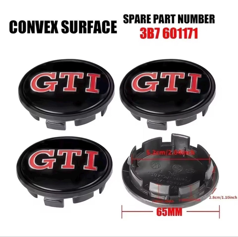 Puede incluir: Cuatro tapacubos negros con las letras rojas "GTI". Las tapas tienen una superficie convexa y se muestran con un n&uacute;mero de pieza de repuesto y medidas de 65 mm y 2,8 cm/1,10 pulgadas.