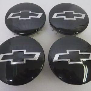 4pcs 83mm Black with Chrome Logo Chevy Center Caps Set Fit Silverado, Tahoe, Suburban