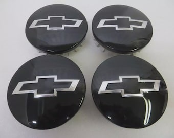 Juego de 4 tapacubos centrales de 83 mm negros con logotipo cromado para Chevy, compatibles con Silverado, Tahoe y Suburban