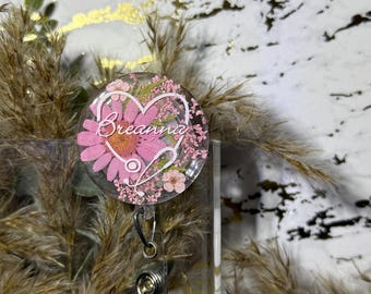 Floral Heart Badge Reel | Pink Daisy, Stethoscope Design
