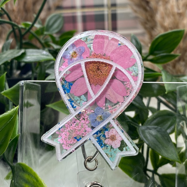 Cancer Ribbon Badge | Retractable Nursing Badge Reel | pressed floral | Cancer Awareness | Custom floral | Medical Badge Reel | nurse gifts