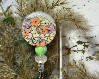 Flower Badge Reel with Beaded Strand | Glitter Design