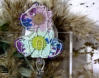 Pressed Floral Baby Dino Badge Reel: Retractable Nurse Gift