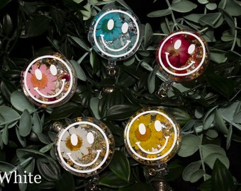 Floral Smiley Face Retractable Badge Reel: Gold or Silver Flakes