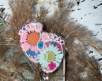 Pressed Floral Babyfeet Badge Reel: Retractable Nurse Gift