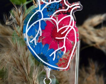 Pressed Red and Blue Floral Anatomical Heart Badge Reel: Nurse Gift