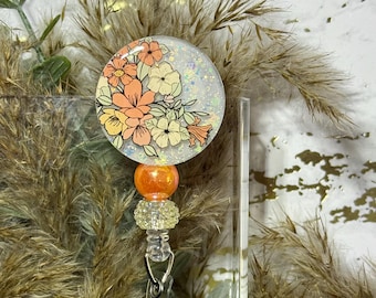 Flower Badge Reel with Beaded Strand | Glitter Design