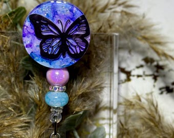Butterfly Badge Reel with Beaded Strand | Marble Ink Design