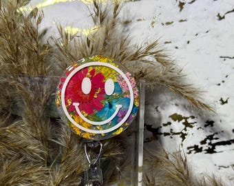Floral Smiley Face Retractable Badge Reel
