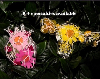 May include: Two clear acrylic badge reels featuring anatomical designs. One is a heart filled with pink flowers, the other is a uterus filled with yellow flowers. Both have white line art overlays. The text 30+ specialties available is visible.