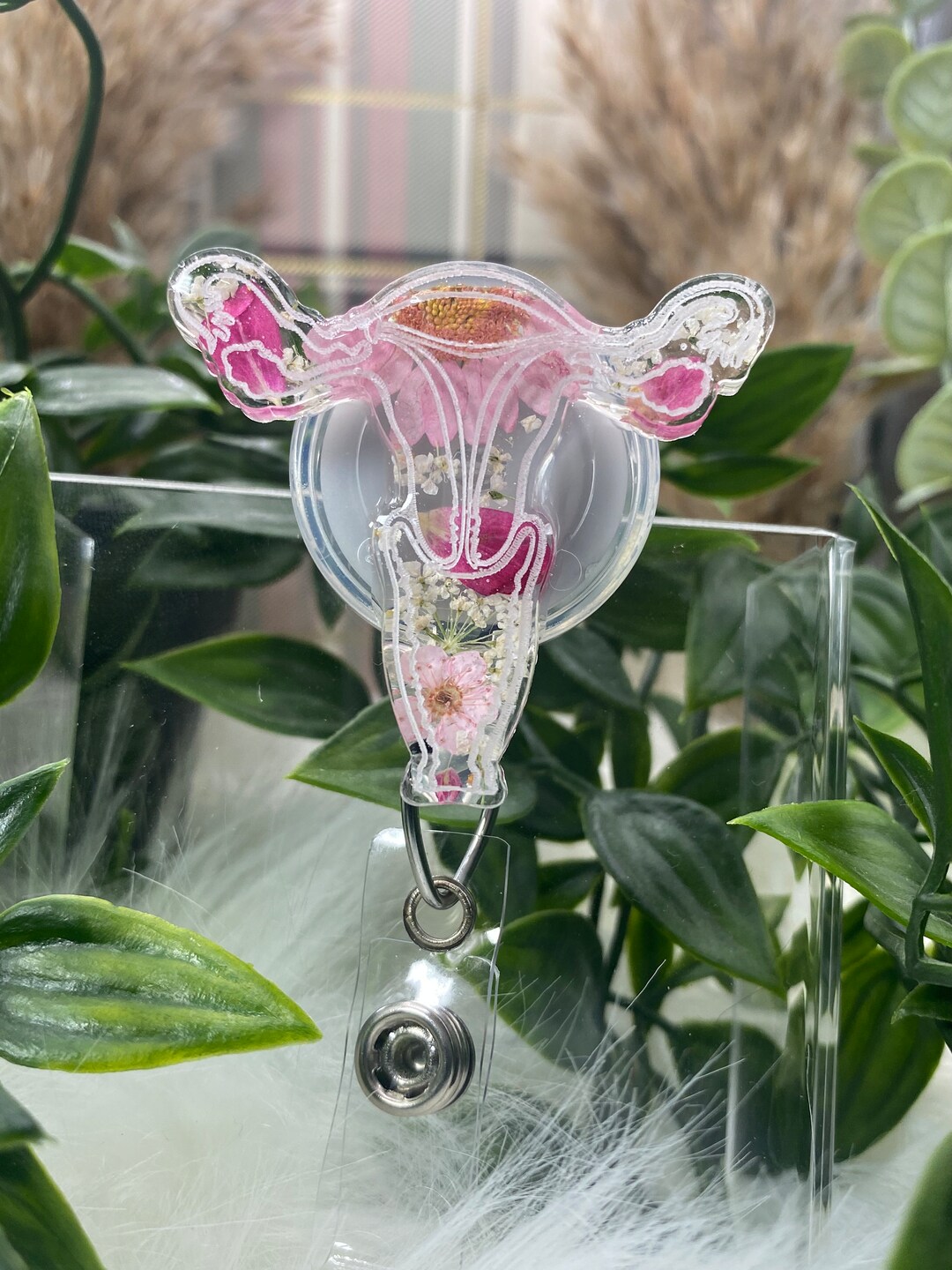 2” Uterus Badge Reel | Retractable Nursing Badge Reel | Pressed Floral ...