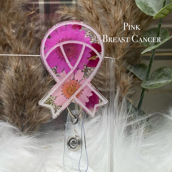 Pressed Floral Cancer Ribbon Retractable Badge Reel: Nurse Gift