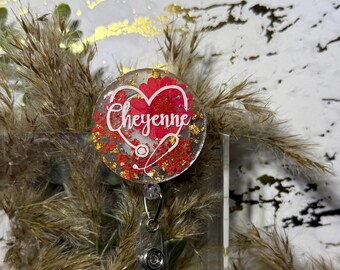 Personalized Heart Stethoscope Badge Reel | Cheyenne Name, Floral Accent