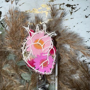 Pressed Floral Anatomical Heart Badge Reel: Nurse Gift