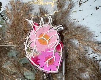 Pressed Floral Anatomical Heart Badge Reel: Nurse Gift