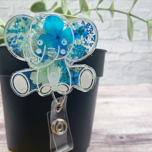 Baby Elephant Badge Reel: Pressed Floral Retractable Nurse Gift